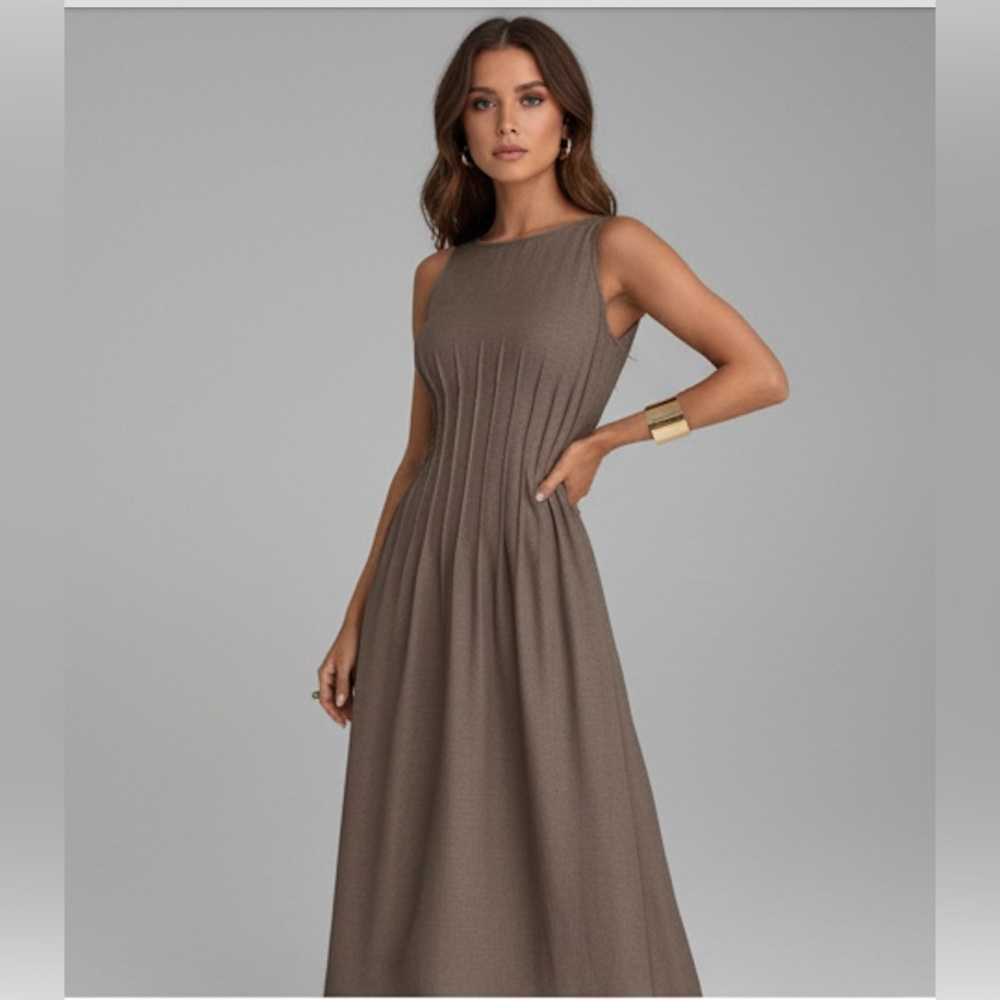 Pleated Waist Minimalist Maxi Dress Brown - Picture 3 of 8